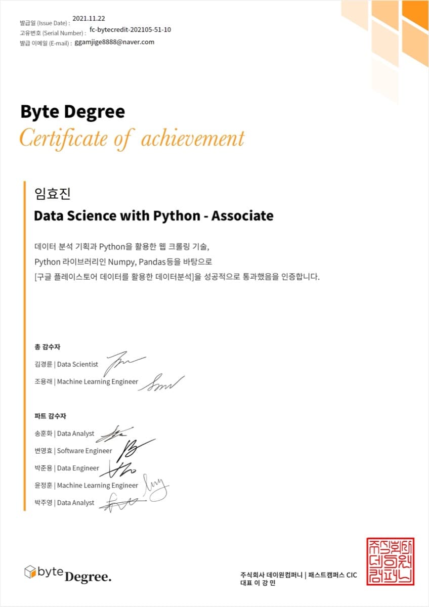 Data Science with Python - Associate 수료증